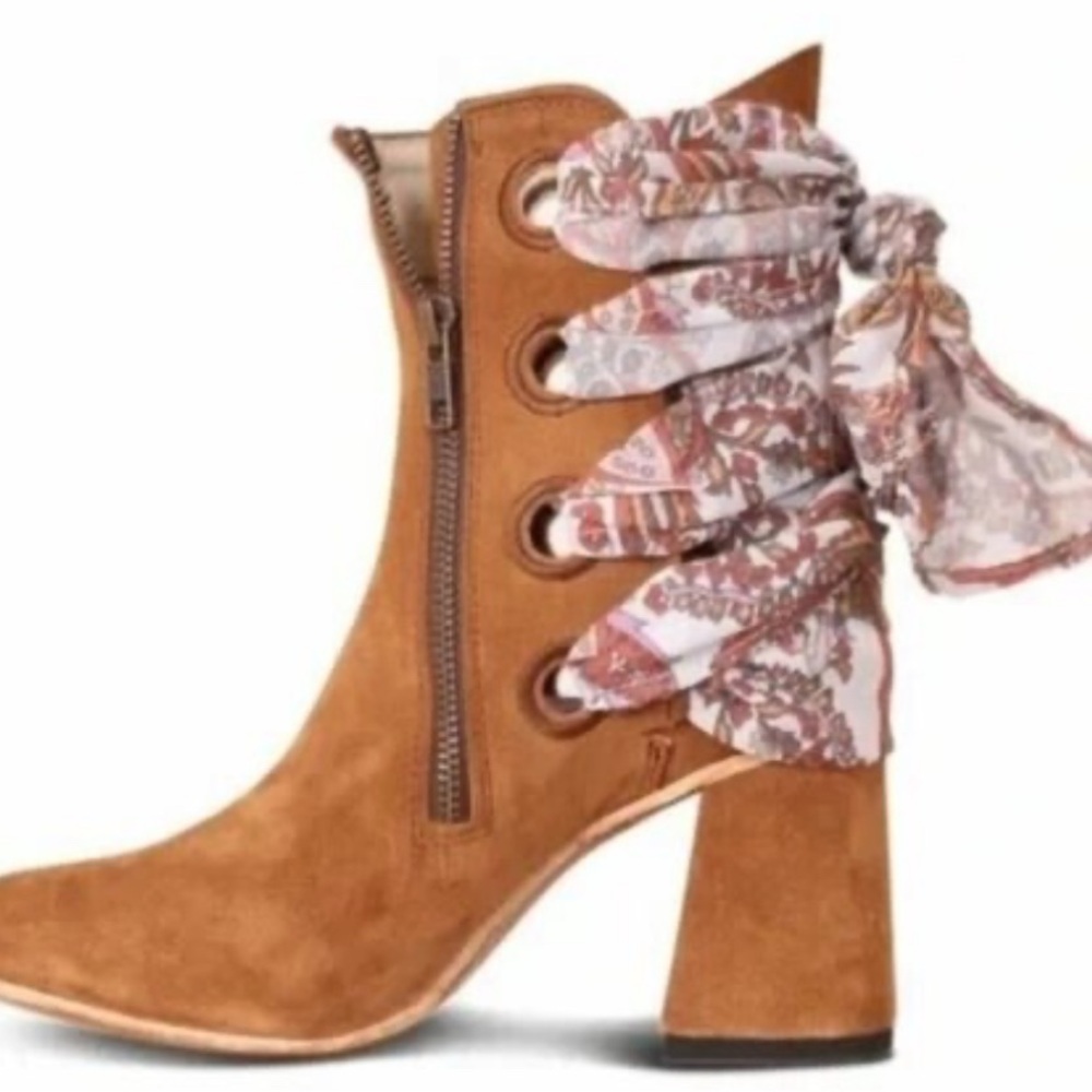 Freebird Tan Suede Ankle Boots with Patterned Scarf